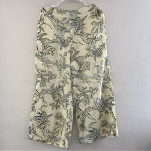 Tahari Floral Linen Cropped Wide Leg Pants Size Medium Front Pockets